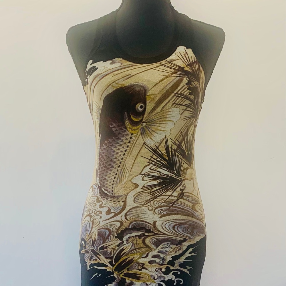 Jean Paul Gaultier 1990's VINTAGE Koi Fish Tattoo Mesh Dress